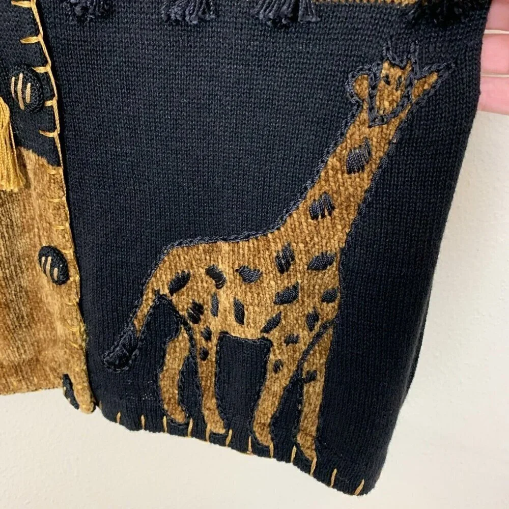 Dressbarn Womens Vintage Cardigan Sweater M Safari Jungle Animal Tassel 90s 80s